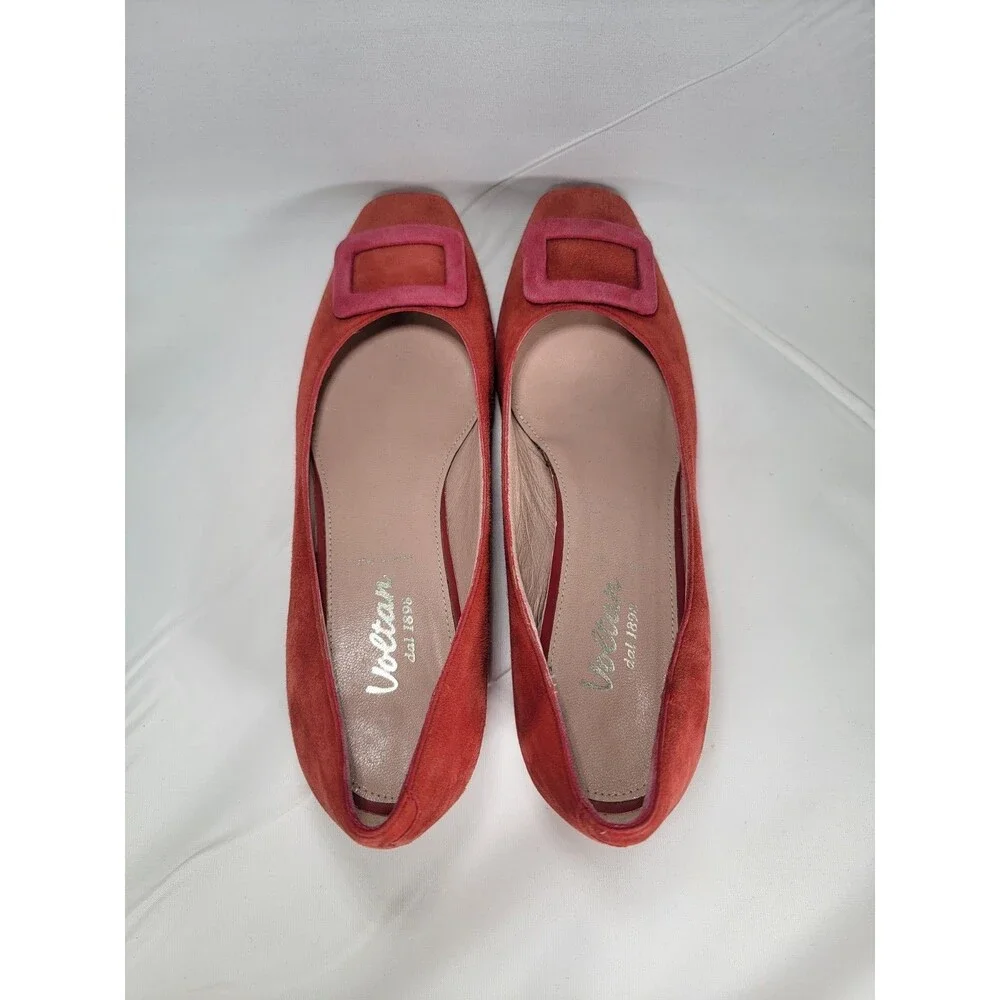 Voltan Red Suede Low Heels Buckle Leather Sole Women's Size 39.5 EU 9.5 US